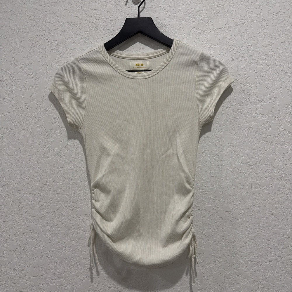 Maeve By Anthropologie Cream Ribbed Side Sinch Tshirt Size Small